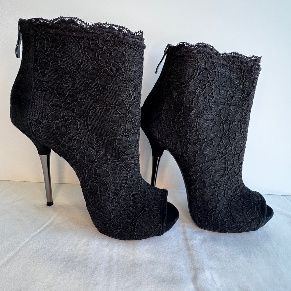 Bebe high heel open toe lace booties, black